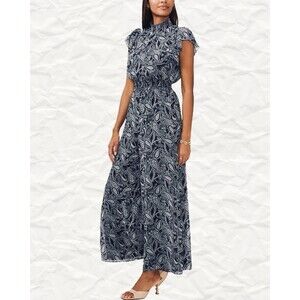 MSK Women's  Navy & White Flutter-Sleeve Smocked-Waist Jumpsuit Size M NWT